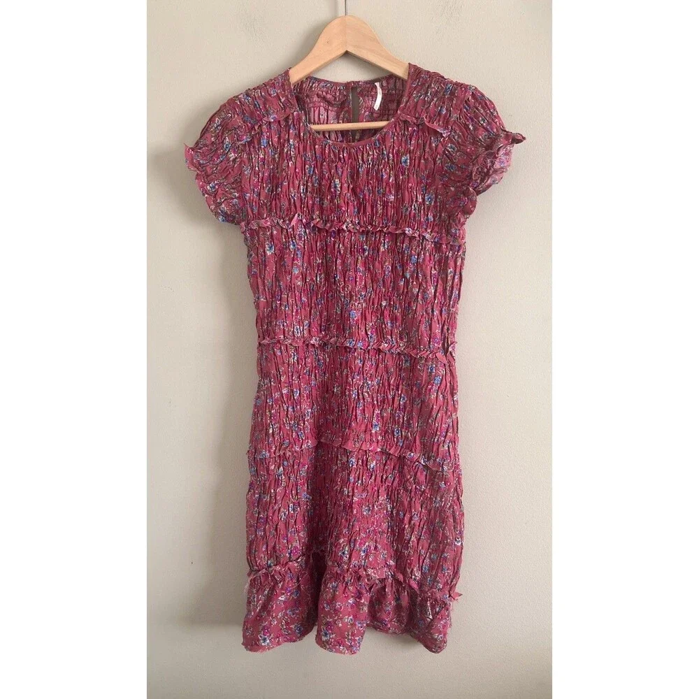 Free People Pink Floral Short Sleeve Smocked Stretch Mini Dress Women's S/P - Picture 2 of 8